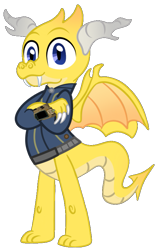 Size: 519x830 | Tagged: safe, artist:ponygamer2020, derpibooru import, oc, oc only, oc:scribe scales, dragon, fallout equestria, blue eyes, claws, clothes, crossed arms, fallout, gift art, horn, jumpsuit, male, pipboy, request, simple background, smiling, solo, tail, transparent background, vault suit, vector, wings
