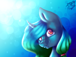 Size: 2552x1908 | Tagged: safe, artist:prettyshinegp, derpibooru import, oc, oc only, pony, unicorn, abstract background, female, horn, mare, signature, smiling, unicorn oc