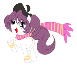 Size: 1400x1192 | Tagged: safe, artist:animewave, artist:animewave-neo, derpibooru import, oc, oc only, earth pony, pony, :d, beret, clothes, earth pony oc, eye clipping through hair, freckles, hat, open mouth, open smile, scarf, simple background, smiling, solo, transparent background, underhoof