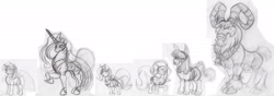 Size: 2090x737 | Tagged: safe, artist:animewave, artist:animewave-neo, derpibooru import, grogar, princess celestia, trixie, twilight sparkle, unicorn twilight, alicorn, goat, pony, unicorn, female, lineart, mare, simple background, traditional art, white background