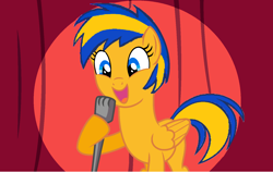 Size: 1600x1010 | Tagged: safe, artist:mlpfan3991, derpibooru import, oc, oc only, oc:flare spark, pegasus, pony, comedy, curtains, female, microphone, solo, spotlight, stand-up comedy