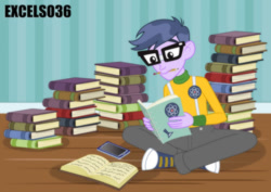 Size: 935x661 | Tagged: safe, artist:excelso36, part of a set, microchips, human, equestria girls, book, cellphone, clothes, glasses, homework, male, pencil, solo, studying