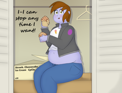 Size: 3180x2426 | Tagged: safe, artist:lupin quill, derpibooru import, oc, oc:neon sprinkles, equestria girls, bbw, belly, belly button, big belly, blatant lies, blushing, clothes, clothes hanger, crumbs, cupcake, denial, double chin, eating, fat, female, food, hiding, jacket, midriff, open mouth, solo, sweat, sweatdrop, thighs, thunder thighs, tight clothing, wardrobe malfunction