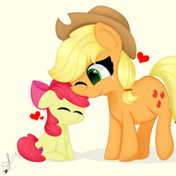 Size: 2000x2000 | Tagged: safe, artist:daftramms, derpibooru import, apple bloom, applejack, earth pony, pony, cute, duo, duo female, fanart, female, filly, foal, mare, nuzzling, siblings, simple background, sisters, white background
