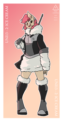 Size: 1772x3419 | Tagged: safe, artist:sneetymist, derpibooru import, oc, oc only, oc:ice cream, anthro, earth pony, unguligrade anthro, boots, bottomless, clothes, female, fluffy, fluffy sweater, fur collar, gun, headband, jacket, mare, no tail, nudity, open mouth, partial nudity, rifle, shoes, simple background, smiling, solo, sweater, text, uniform, weapon, winter outfit