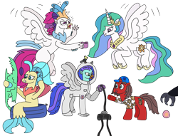 Size: 3201x2448 | Tagged: safe, artist:supahdonarudo, derpibooru import, princess celestia, princess skystar, queen novo, storm king, oc, oc:ironyoshi, oc:sea lilly, alicorn, bird, classical hippogriff, hippogriff, pony, seapony (g4), unicorn, my little pony: the movie, atg 2022, bite mark, chaos, clothes, cockatiel, coffee mug, controller, exhausted, hand, hat, holding, jewelry, mug, necklace, newbie artist training grounds, nintendo 64, pearl, perching, queen novo's orb, shirt, simple background, spacesuit, surfboard, swimming pool, tired, transparent background