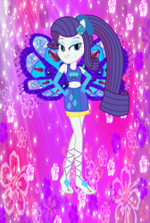 Size: 945x1404 | Tagged: safe, artist:ketrin29, artist:user15432, derpibooru import, rarity, human, equestria girls, alternate hairstyle, barefoot, barely eqg related, base used, belly button, clothes, crossover, cutie mark on clothes, diamond, enchantix, fairy, fairy wings, fairyized, feet, gloves, hand on hip, hibiscus, jewelry, long gloves, long hair, looking at you, pink background, ponied up, ponytail, purple background, purple wings, simple background, sparkly background, sparkly wings, wings, winx, winx club, winxified