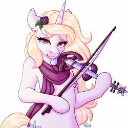 Size: 2300x2300 | Tagged: safe, artist:mxiiisy, derpibooru import, oc, oc only, oc:winter, oc:winthria siriusa, pony, unicorn, blonde, blonde hair, blonde mane, blonde tail, bow (instrument), chest fluff, clothes, cutie mark, ears back, electric violin, female, flower, flower in hair, holding, horn, looking at you, mare, musical instrument, playing instrument, purple eyes, scarf, simple background, smiling, solo, standing, tail, violin, violin bow, white background, white coat