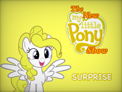 Size: 1024x768 | Tagged: safe, artist:tony hasbro, derpibooru import, surprise, pegasus, pony, series:the new my little pony show, g1, g4, adoraprise, crossover, cute, female, g1 to g4, generation leap, mare, open mouth, open smile, parody, simple background, smiling, solo, text, the new woody woodpecker show, voice, white text, woody woodpecker (series), yellow background