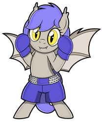 Size: 1500x1800 | Tagged: safe, artist:toyminator900, derpibooru import, oc, oc:midnight punch, bat pony, boxing, boxing gloves, female, looking at you, simple background, sports, transparent background, trunks