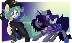 Size: 3500x2100 | Tagged: safe, artist:xvostik, derpibooru import, oc, oc only, oc:coven, oc:misty fortune, earth pony, pony, female, hat, male, mare, simple background, stallion