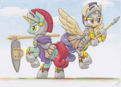 Size: 1024x732 | Tagged: safe, artist:xeviousgreenii, derpibooru import, oc, oc only, oc:cerise breeze, oc:diskette drives, pegasus, pony, unicorn, armor, armor skirt, duo, female, flying, golden eyes, helmet, horseshoes, levitation, magic, magic aura, male, mare, pink eyes, purple mane, purple tail, red mane, red tail, royal guard, scepter, shield, skirt, spear, spread wings, stallion, tail, telekinesis, traditional art, weapon, wings
