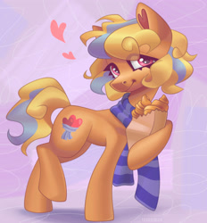 Size: 3710x4000 | Tagged: safe, artist:irinamar, derpibooru import, oc, oc only, earth pony, pony, abstract background, bag, bread, clothes, croissant, food, heart, paper bag, scarf, solo, striped scarf