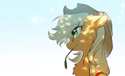 Size: 1505x914 | Tagged: safe, artist:swaybat, derpibooru import, applejack, earth pony, pony, applejack's hat, bust, chest fluff, clothes, cowboy hat, dappled sunlight, ear fluff, ears, eye clipping through hair, female, hat, mare, mouth hold, portrait, simple background, solo, straw in mouth, white background