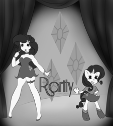 Size: 1800x2000 | Tagged: safe, artist:deideiartistic, derpibooru import, rarity, anthro, human, 2017, 30s, betty boop, female, monochrome, no nose