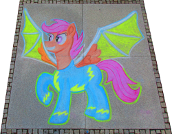 Size: 4195x3273 | Tagged: safe, alternate version, artist:malte279, derpibooru import, scootaloo, pegasus, pony, artificial wings, augmented, chalk, chalk drawing, clothes, galacon, galacon 2022, make a wish, simple background, solo, traditional art, transparent background, uniform, wings, wonderbolts uniform