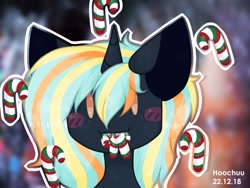 Size: 1280x960 | Tagged: safe, artist:hoochuu, derpibooru import, oc, oc only, pony, unicorn, abstract background, blush sticker, blushing, bust, candy, candy cane, commission, food, horn, mouth hold, solo, unicorn oc, ych result
