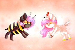 Size: 2000x1333 | Tagged: safe, artist:prettyshinegp, derpibooru import, oc, oc only, alicorn, pegasus, pony, abstract background, alicorn oc, animal costume, bee costume, chicken suit, clothes, costume, duo, female, horn, mare, pegasus oc, wings