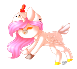 Size: 970x868 | Tagged: safe, alternate version, artist:prettyshinegp, derpibooru import, oc, oc only, alicorn, pony, alicorn oc, animal costume, background removed, chicken suit, clothes, colored hooves, costume, eyes closed, female, horn, mare, signature, simple background, smiling, solo, transparent background, wings