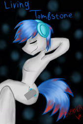 Size: 1181x1748 | Tagged: safe, artist:diankave, derpibooru import, oc, oc only, oc:the living tombstone, anthro, earth pony, abstract background, arm behind head, earth pony oc, eyes closed, headphones, male, sitting, smiling, solo