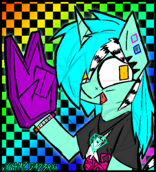 Size: 1102x1214 | Tagged: safe, artist:xxv4mp_g4z3rxx, derpibooru import, lyra heartstrings, pony, unicorn, :p, alternate design, alternate hairstyle, bracelet, checkered background, ear gauges, eyestrain warning, female, foam finger, i set my friends on fire, jewelry, mare, necklace, scene, signature, solo, tongue, tongue out