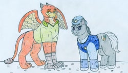 Size: 961x548 | Tagged: safe, artist:jose-ramiro, derpibooru import, earth pony, griffon, pony, crossover, duo, female, griffonized, judy hopps, male, mare, nick wilde, police, police officer, police uniform, policemare, ponified, species swap, traditional art, zootopia