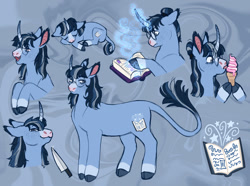 Size: 1280x951 | Tagged: safe, artist:s0ftserve, derpibooru import, oc, oc:rainy morning, pony, unicorn, ambiguous gender, book, food, ice cream, magic, reference sheet, solo