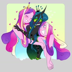 Size: 1389x1394 | Tagged: safe, artist:stevetwisp, derpibooru import, dean cadance, princess cadance, queen chrysalis, changeling, changeling queen, equestria girls, blushing, blushing profusely, cadalis, clothes, crown, cute, cutealis, dress, eyeshadow, female, heart, hug, infidelity, jewelry, lesbian, long nails, makeup, nail polish, nervous, peytral, regalia, shipping, wavy mouth