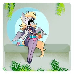 Size: 1500x1500 | Tagged: safe, artist:stevetwisp, derpibooru import, derpy hooves, anthro, chopsticks, clothes, cute, derpabetes, egg, flats, food, lunch, noodles, office lady, pot noodle, shoes, sitting, skirt, stockings, straw, strawberry milk, suit, thigh highs, tongue, tongue out, winged anthro, wings