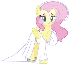 Size: 1235x1100 | Tagged: safe, artist:pippblossom, artist:sailorrainbow, derpibooru import, fluttershy, pegasus, pony, base used, blushing, clothes, dress, eyeshadow, female, folded wings, full body, hoof on chest, hoof shoes, lidded eyes, makeup, mare, simple background, smiling, solo, standing, wedding dress, wedding veil, white background, wings