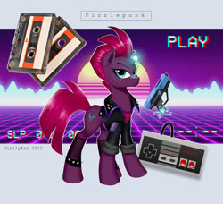 Size: 3424x3128 | Tagged: safe, artist:vinilyart, derpibooru import, fizzlepop berrytwist, tempest shadow, pony, unicorn, 80s, broken horn, glowing, glowing horn, gun, horn, retro, weapon