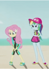 Size: 172x242 | Tagged: safe, derpibooru import, edit, edited screencap, screencap, fluttershy, rainbow dash, aww... baby turtles, better together, equestria girls, animated, beach, cap, clothes, cropped, duo focus, female, fluttershy's wetsuit, gif, hat, rainbow dash's beach shorts swimsuit, sandals, swimsuit, time lapse