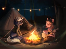 Size: 2048x1527 | Tagged: safe, artist:annna markarova, derpibooru import, oc, oc only, pony, unicorn, campfire, camping, commission, complex background, cute, female, fire, guitar, musical instrument, night, string lights, tent, ukulele