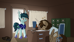 Size: 3568x2007 | Tagged: safe, artist:moonatik, derpibooru import, oc, oc:night watcher, oc:paper trail, pegasus, pony, alcohol, armor, chair, clothes, commission, curtains, desk, door, doorway, drunk, drunk bubbles, holster, male, night guard, office, onomatopoeia, pegasus oc, shirt, shoes, sitting, sleeping, sound effects, stallion, whiskey, wings, zzz