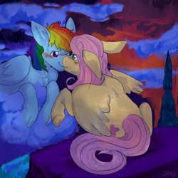 Size: 2000x2000 | Tagged: safe, artist:cinnamonsparx, derpibooru import, fluttershy, rainbow dash, pegasus, pony, blushing, female, flutterdash, kissing, lesbian, one eye closed, shipping, smiling