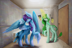 Size: 2700x1800 | Tagged: safe, artist:anastas, derpibooru import, oc, hybrid, original species, pegasus, pony, unicorn, bathroom, bird tail, blue fur, coat markings, comb, commission, detailed background, duo, duo female, feather, feathered wings, female, green eyes, green fur, green hair, green mane, help, helping, purple eyes, purple hair, purple mane, question mark, shower, spread wings, tail, wings