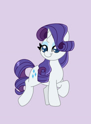 Size: 1933x2620 | Tagged: safe, artist:cinematic-fawn, derpibooru import, rarity, pony, unicorn, :t, chibi, colored pupils, female, full body, high res, hooves, horn, mare, purple background, raised hoof, raised leg, simple background, smiling, solo