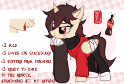 Size: 2548x1718 | Tagged: safe, artist:idkhesoff, derpibooru import, oc, oc:cola popper, alicorn, pony, alicorn oc, bandage, clothes, coca-cola, denim, ear piercing, earring, femboy, gold tooth, hoodie, horn, jeans, jewelry, lip piercing, male, nose piercing, nose ring, open mouth, pants, piercing, raised hoof, raised leg, reference sheet, skateboard, socks, soda, solo, sweater, tattoo, tongue piercing, wings