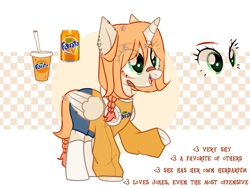 Size: 3473x2612 | Tagged: safe, artist:idkhesoff, derpibooru import, oc, oc:fruity fizz (fanta), alicorn, pony, alicorn oc, bandaid, bandaid on nose, clothes, coat markings, coca-cola, denim, denim shorts, ear piercing, earring, fangs, fanta, female, flower, flower in hair, headphones, horn, jewelry, lip piercing, mare, open mouth, piercing, raised hoof, raised leg, reference sheet, shorts, socks, soda, solo, sweater, tattoo, wing piercing, wings