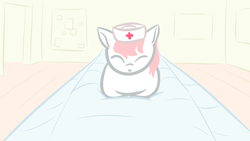 Size: 1920x1080 | Tagged: safe, artist:purblehoers, derpibooru import, nurse redheart, earth pony, pony, bed, behaving like a cat, comfy, eyes closed, featured image, female, hat, hospital bed, indoors, lying, lying down, mare, offscreen character, ponyloaf, pov, prone, sketch, smiling