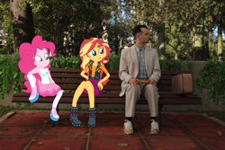 Size: 1199x800 | Tagged: safe, derpibooru import, edit, pinkie pie, sunset shimmer, equestria girls, bench, equestria girls in real life, forrest gump, irl, looking, photo