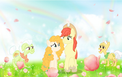 Size: 1360x854 | Tagged: safe, artist:swiftgaiathebrony, derpibooru import, bright mac, grand pear, granny smith, pear butter, afterlife, brightbutter, female, flower, food, male, meadow, pear, rainbow, shipping, straight, sun