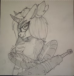 Size: 1693x1744 | Tagged: safe, artist:lockheart, derpibooru import, oc, oc only, monster pony, pony, club, female, looking at you, looking back, looking back at you, mare, oni, open mouth, pencil drawing, rectangular pupil, solo, traditional art, weapon