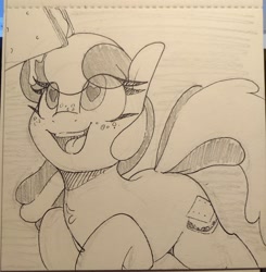 Size: 1796x1836 | Tagged: safe, artist:lockheart, derpibooru import, oc, oc only, oc:s'mare, earth pony, pony, food, freckles, heart, heart eyes, looking up, monochrome, open mouth, open smile, pencil drawing, s'mores, smiling, solo, traditional art, wingding eyes