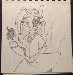 Size: 1733x1782 | Tagged: safe, artist:lockheart, derpibooru import, oc, oc only, semi-anthro, unicorn, clothes, dress, female, grin, jewelry, looking at you, mare, monochrome, necklace, pencil drawing, smiling, solo, traditional art, trypophobia, unusual pupils