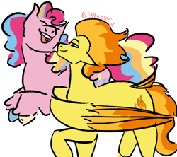 Size: 1063x945 | Tagged: safe, artist:lieutenantcactus, derpibooru import, pinkie pie, spitfire, earth pony, pegasus, pony, eyes closed, female, lesbian, mare, open mouth, pronking, shipping, simple background, smiling, spitpie, white background