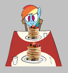 Size: 388x420 | Tagged: safe, artist:truthormare, ponerpics import, rainbow dash, pony, aggie.io, chair, female, food, mare, pancakes, plate, simple background, sitting, smiling, table