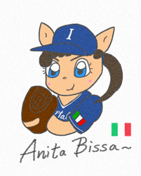 Size: 928x1152 | Tagged: safe, anonymous artist, oc, oc only, pony, anita bissa, baseball, baseball cap, cap, female, filly, foal, hat, italy, ponified, solo, sports