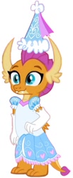 Size: 438x1064 | Tagged: safe, artist:darlycatmake, derpibooru import, edit, smolder, dragon, clothes, cute, dragon tail, dragon wings, dragoness, dress, female, froufrou glittery lacy outfit, gloves, happy, hat, hennin, long gloves, princess, princess smolder, proud, simple background, smiling, smolderbetes, solo, tail, white background, wings