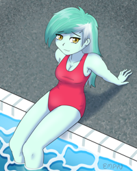 Size: 960x1200 | Tagged: safe, artist:empyu, derpibooru import, lyra heartstrings, equestria girls, bare shoulders, breasts, cleavage, clothes, one-piece swimsuit, red swimsuit, sleeveless, swimming pool, swimsuit